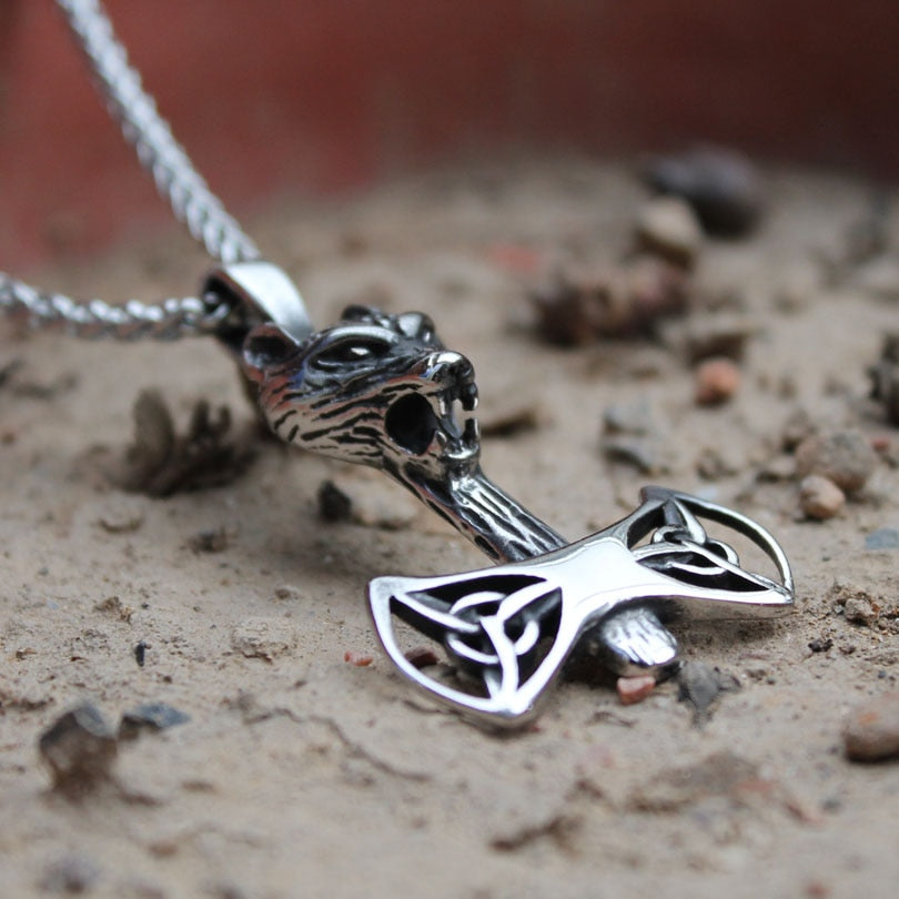 Wolf Mit Trinity Knot Symbol Viking Axt Anhänger Halskette