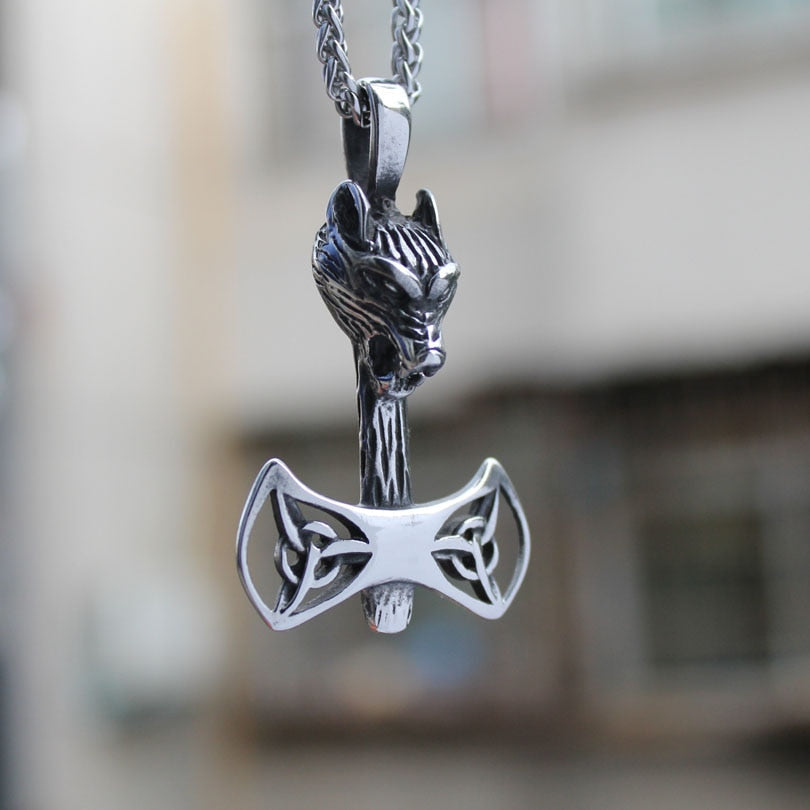 Wolf Mit Trinity Knot Symbol Viking Axt Anhänger Halskette