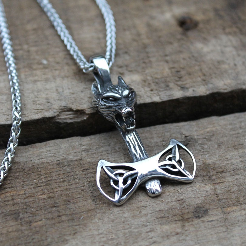 Wolf Mit Trinity Knot Symbol Viking Axt Anhänger Halskette