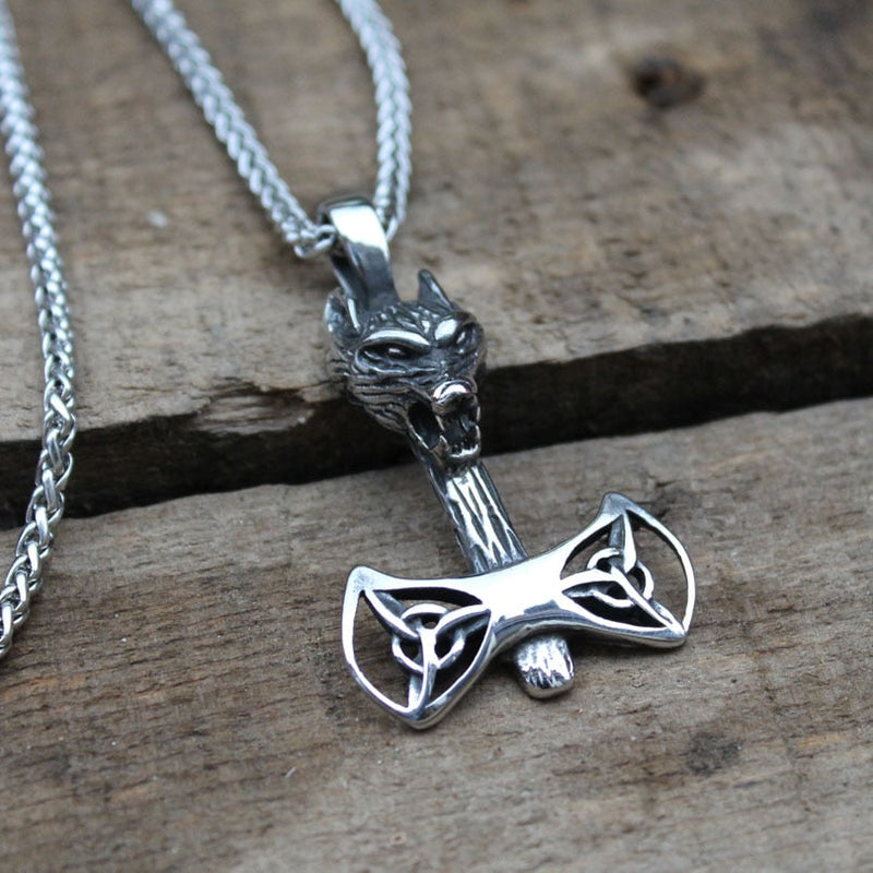 Wolf Mit Trinity Knot Symbol Viking Axt Anhänger Halskette