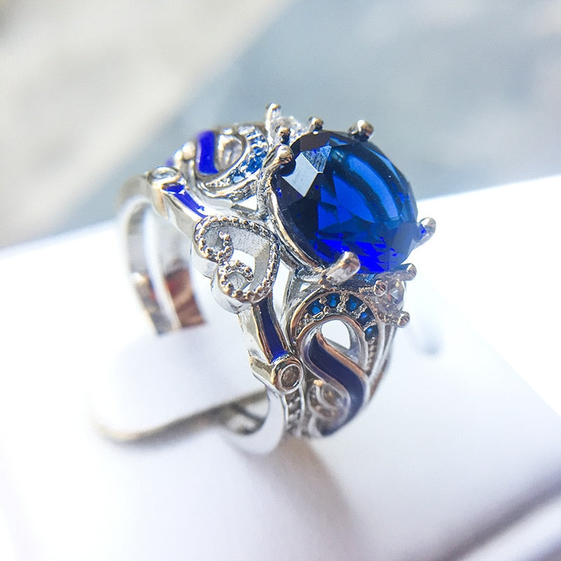 Weißgold Gefüllte Klare Österreichische Kristalle Und Blaues Kubikzirkonia  Ring
