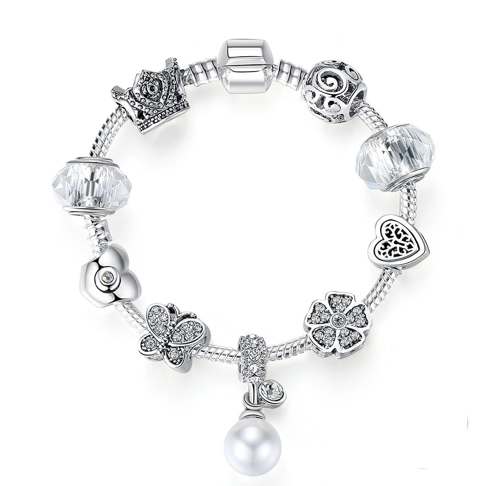 Silber Mit Baumelnem Perlenarmband Mit Herzklee Und Schmetterling