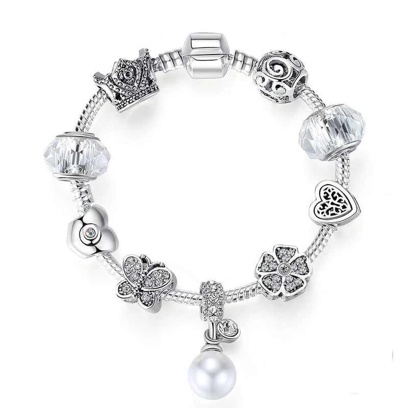 Silber Mit Baumelnem Perlenarmband Mit Herzklee Und Schmetterling