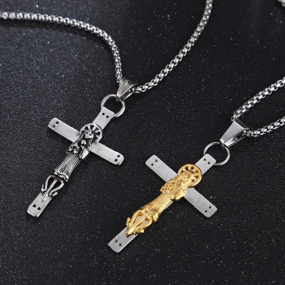 Gold Und Silber Santa Muerte Cross Anhänger Halskette