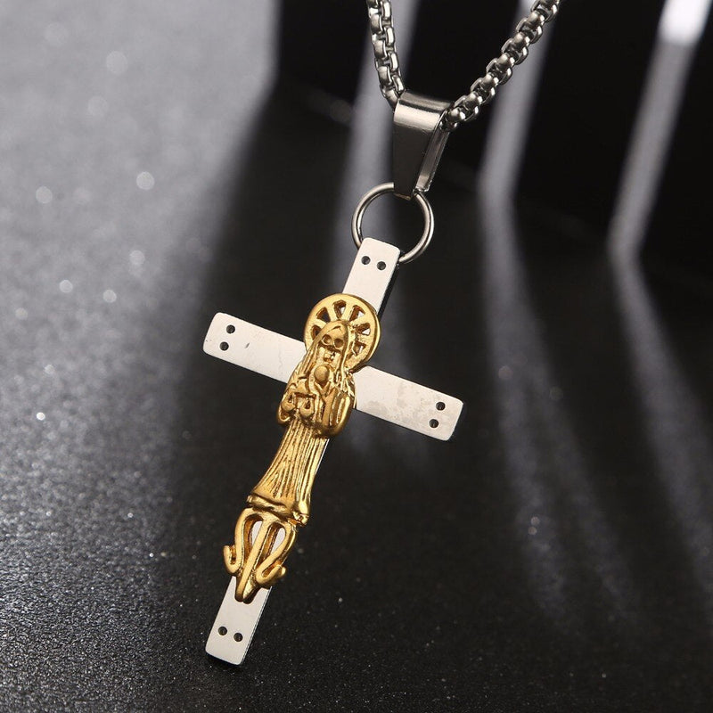 Gold Und Silber Santa Muerte Cross Anhänger Halskette