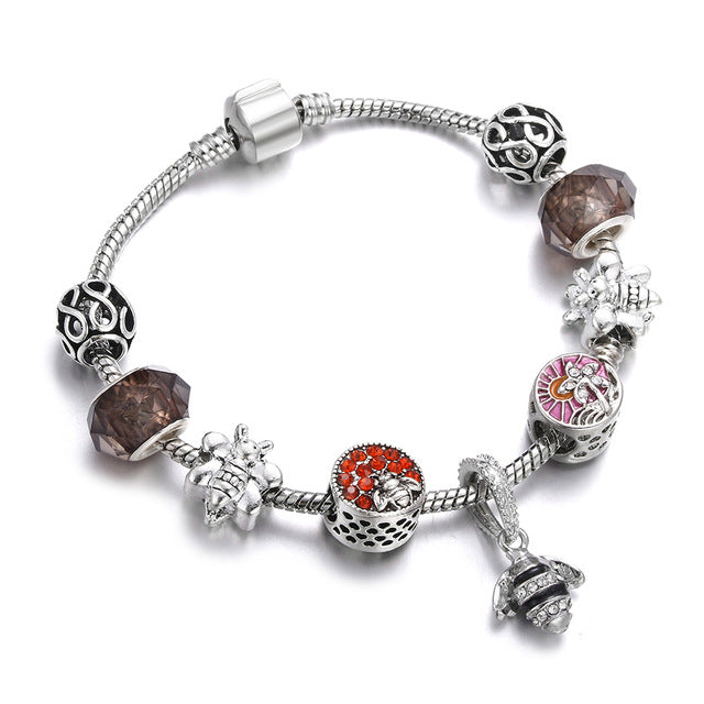 Silber Bohemian Perlen Charme Libelle Biene Elefantenarmband