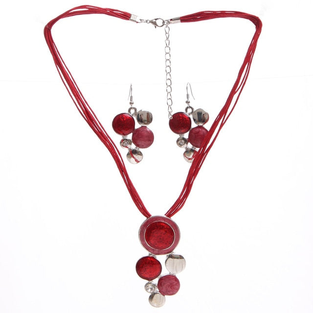 Lederkette Emaille Edelstein Halskette Ohrringe Schmuckset