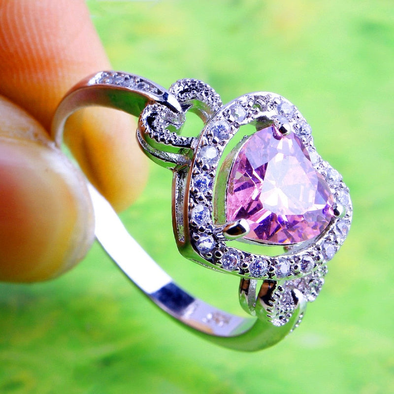 Pink White Heart Cubic Zirkonia 925 Sterling Silber Engagement Ring