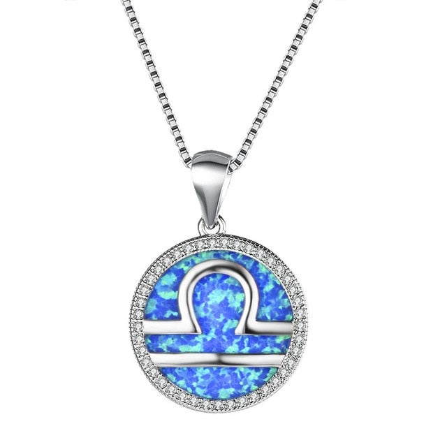 Sterlingsilber  Waage  Halskette Mit Kristallstein Und Perlblauem Opal  Zentrum