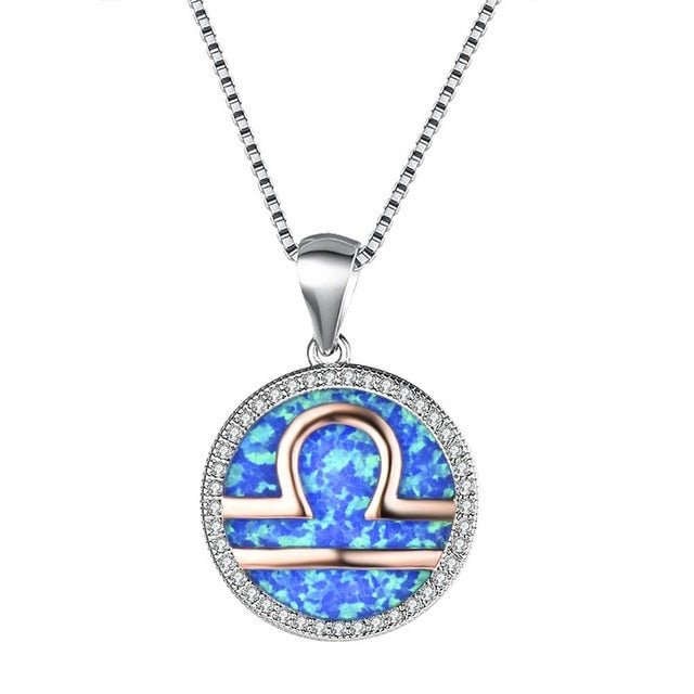 Sterlingsilber  Waage  Halskette Mit Kristallstein Und Perlblauem Opal  Zentrum