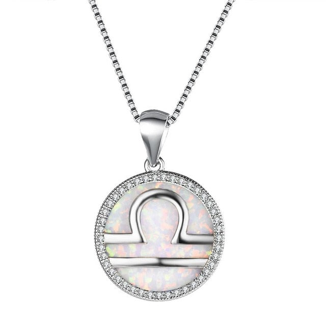 Sterlingsilber  Waage  Halskette Mit Kristallstein Und Perlblauem Opal  Zentrum