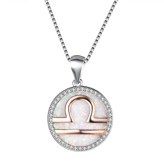 Sterlingsilber  Waage  Halskette Mit Kristallstein Und Perlblauem Opal  Zentrum