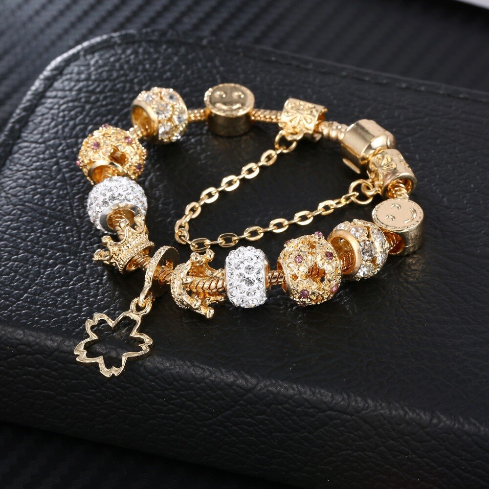 Goldener Kron Smiley Star Crystal Charme Armband