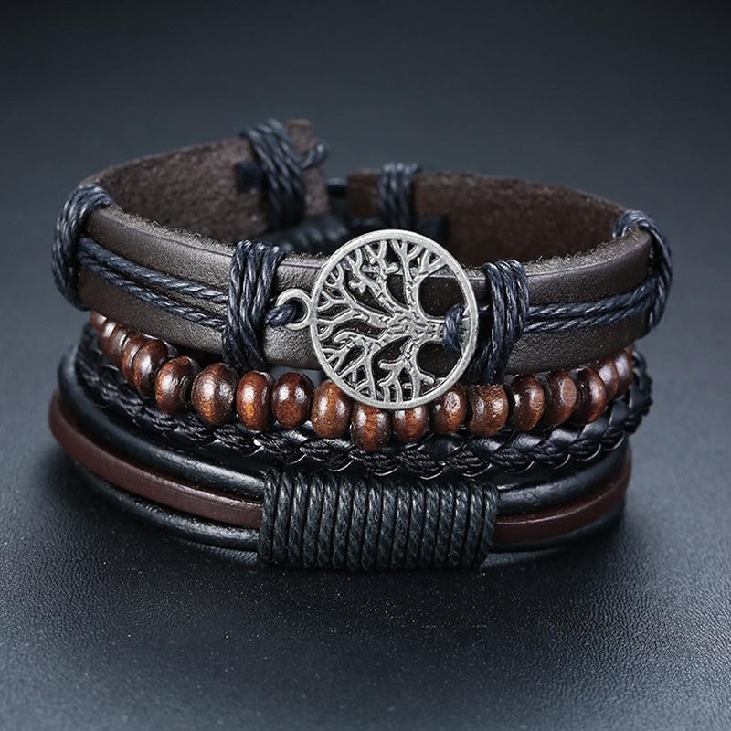 Armband „Baum des Lebens“ aus geflochtenem Wickelleder und Holzperlen