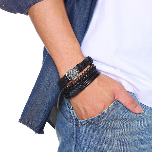Armband „Baum des Lebens“ aus geflochtenem Wickelleder und Holzperlen
