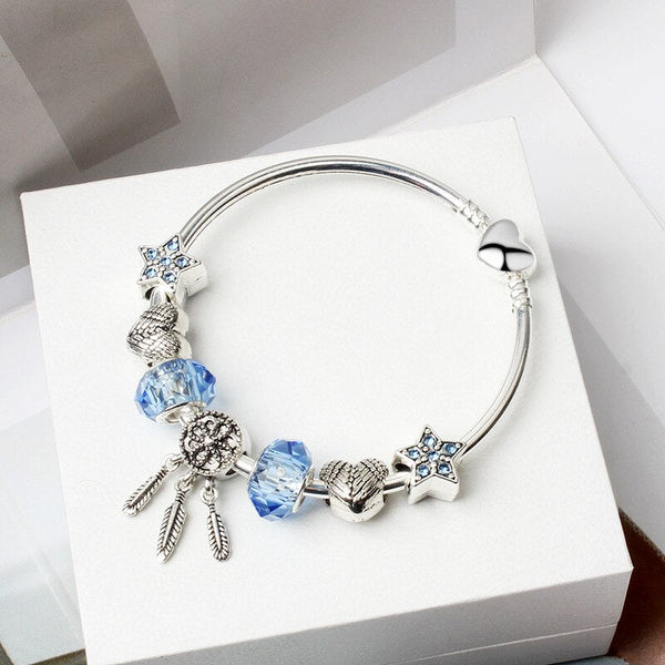 Silver Heart Star Dreamcatcher Crystal Charm Armband