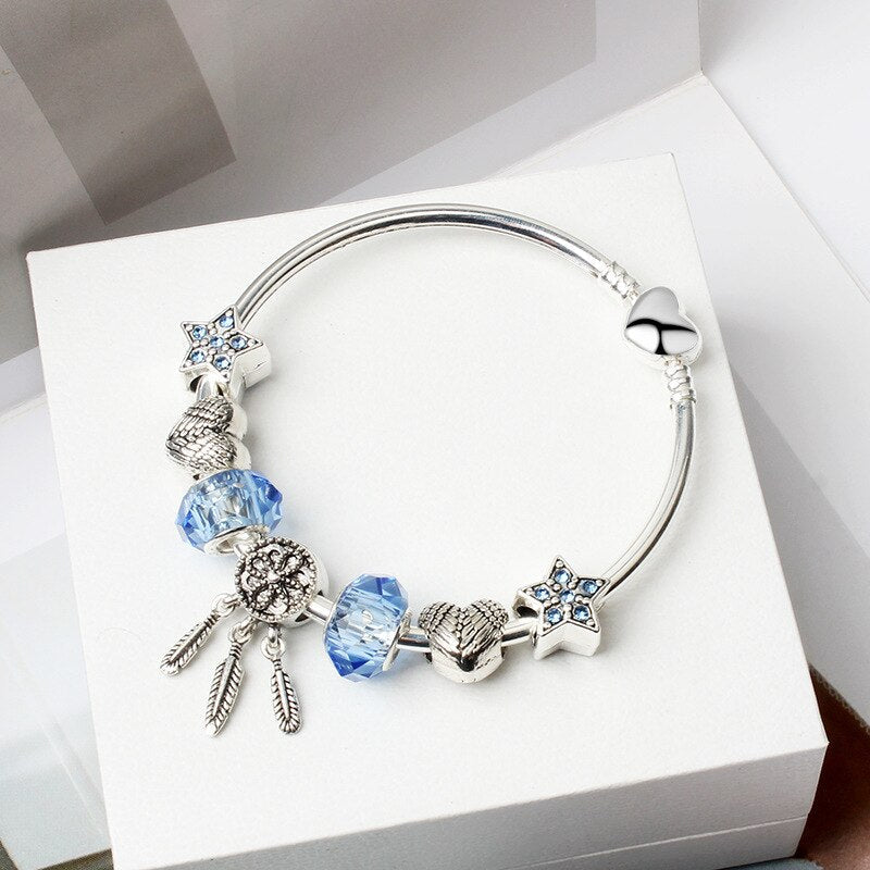 Silver Heart Star Dreamcatcher Crystal Charm Armband