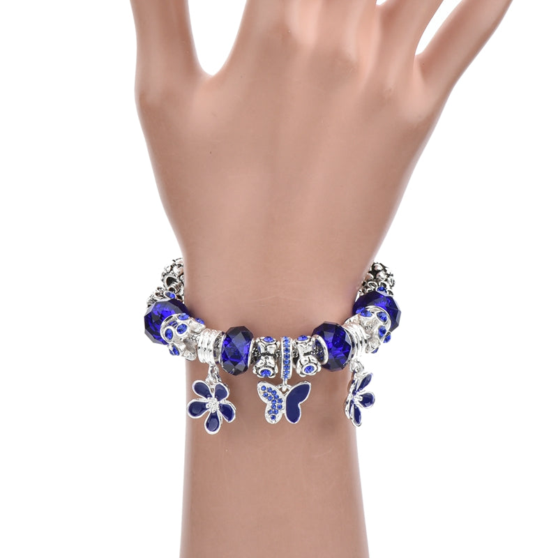 Silberblüten Schmetterlingskristall  Vintage  Charmarmband