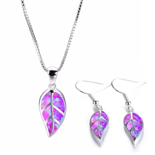 Feuer Opal Elegante Blätter Halskette Ohrringe Modeschmuck Set