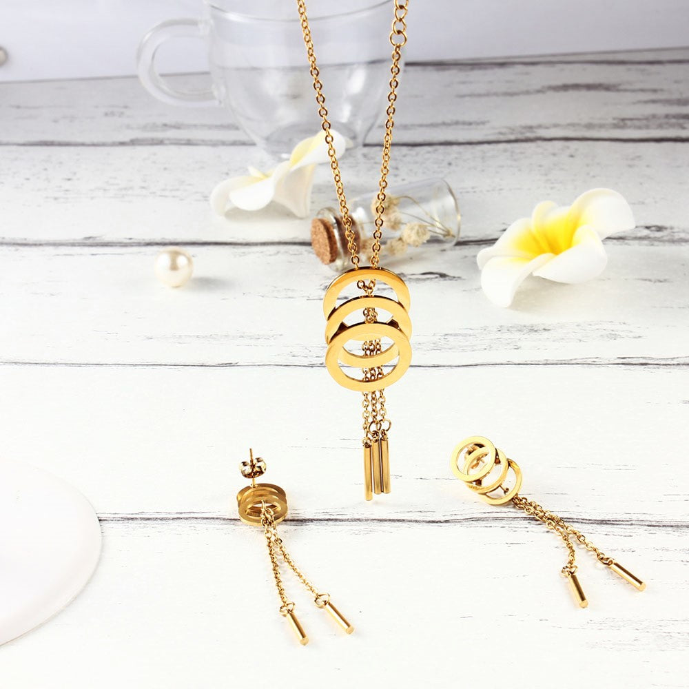 Gold Quastel Edelstahl Mode Hochzeit Ohrringe Halskette Schmuckset Set