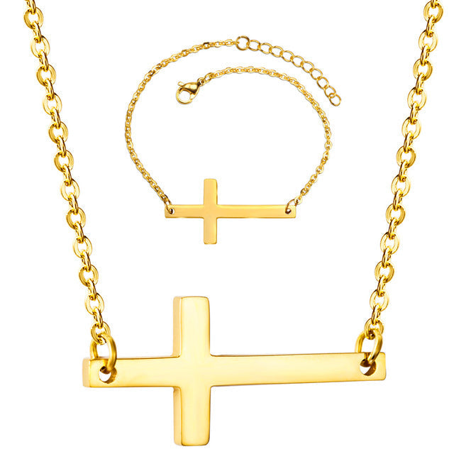 Gold  Oder Silber Seitwärtskreuz  Halskette Armband Schmuckset Set