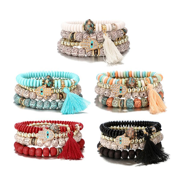 Set Von 4 Bösen Augenhand Hamsa Holzperlen Armband