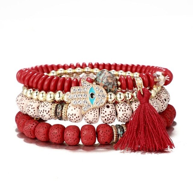 Set Von 4 Bösen Augenhand Hamsa Holzperlen Armband