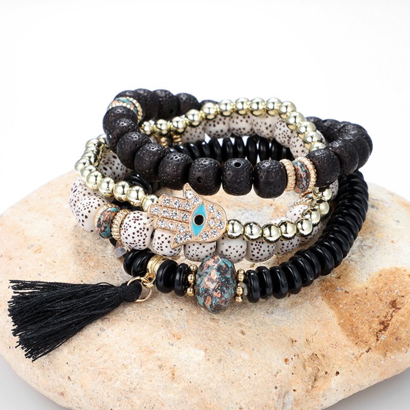 Set Von 4 Bösen Augenhand Hamsa Holzperlen Armband