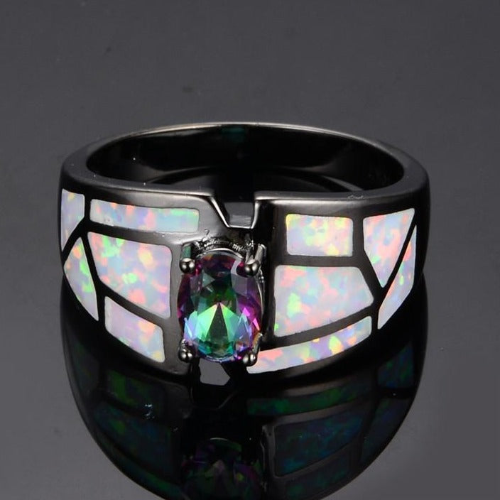 Regenbogen Kubisches Zirkonia Feuer Opal Schwarz Gold Gefüllt Verlobungsring