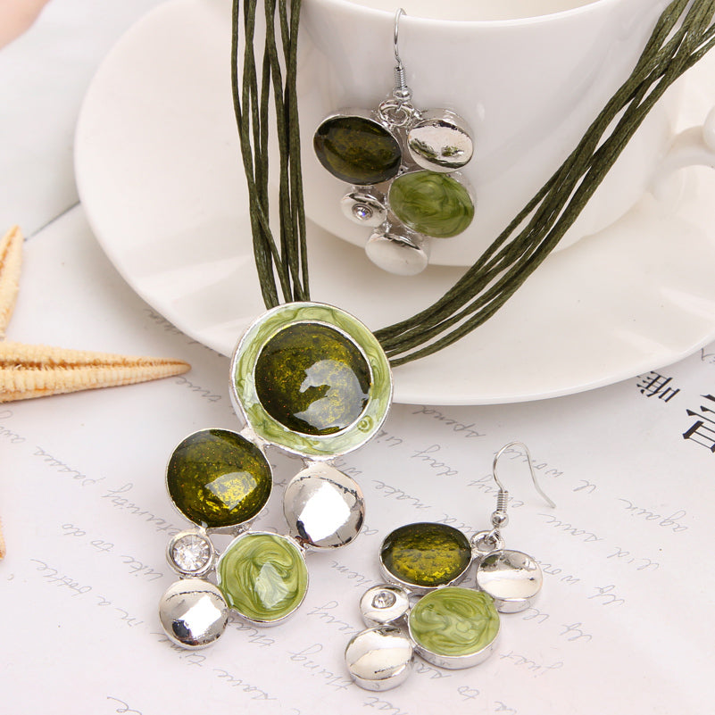 Lederkette Emaille Edelstein Halskette Ohrringe Schmuckset