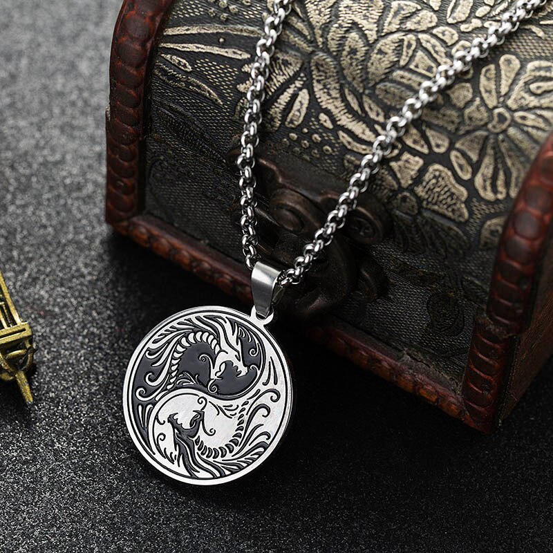 Edelstahl Yin Und Yang Dragon Anhänger Halskette