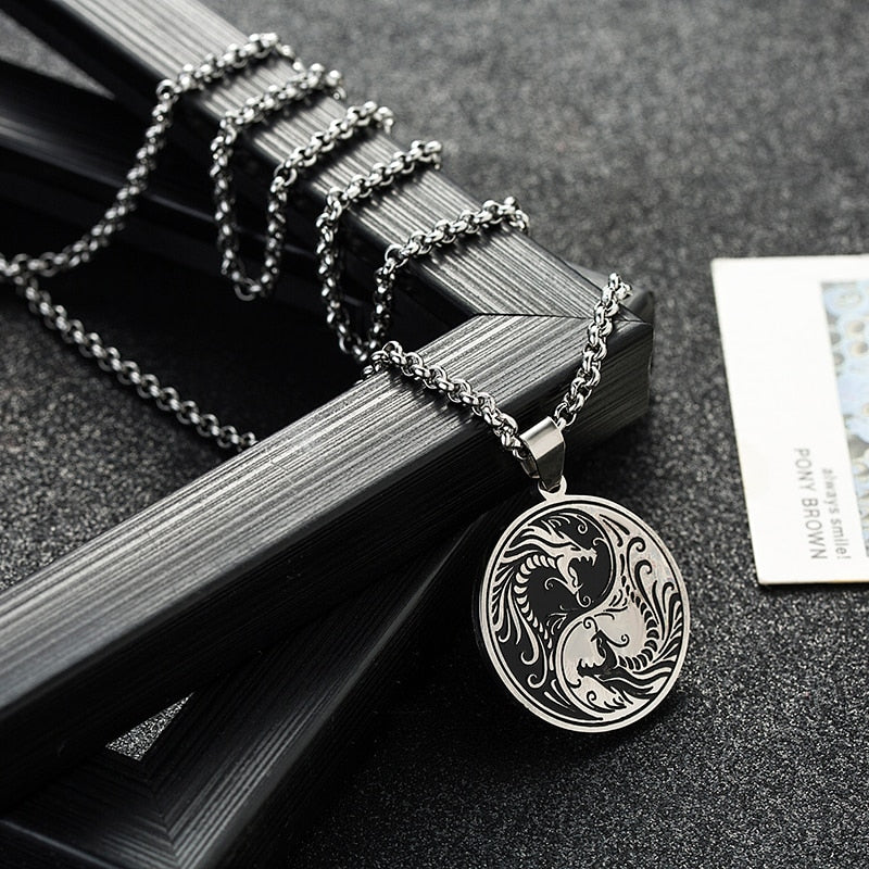 Edelstahl Yin Und Yang Dragon Anhänger Halskette
