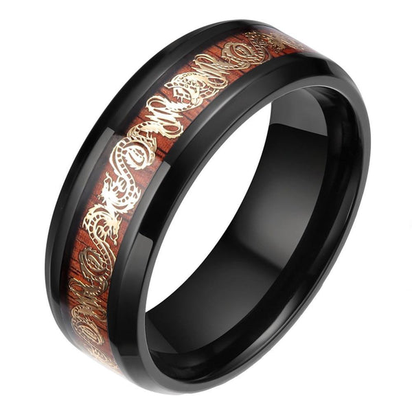 8 mm Schwarzer Edge Titangold Plattierte Drachendesign Auf Holzeinlay  Band Für Männer Und Frauen