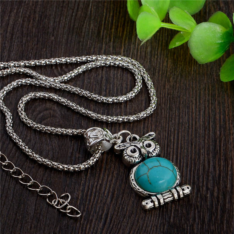 Blauer Opalstein Und Strasseule Anhänger Halskette Frauen Juwely