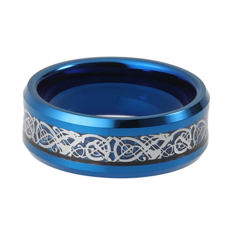 8mm Blau Wolfram Carbid Silber Drache Unisex Hochzeitsverlobungsring