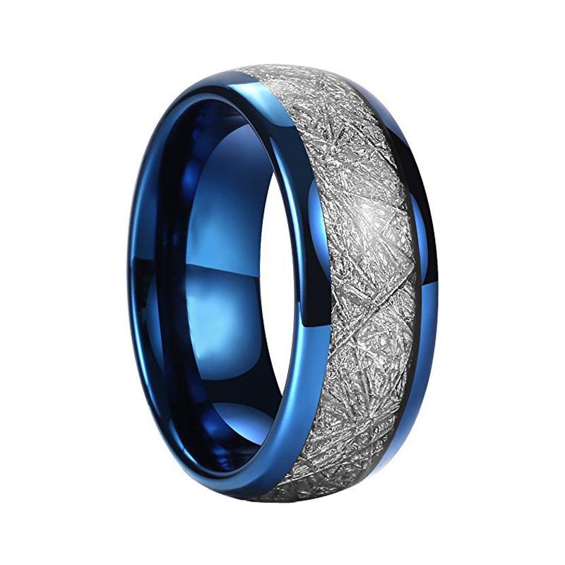 Atemberaubende Blau Plattierte Silberne Meteoriten Inlay Männer Kuppelform Eherband