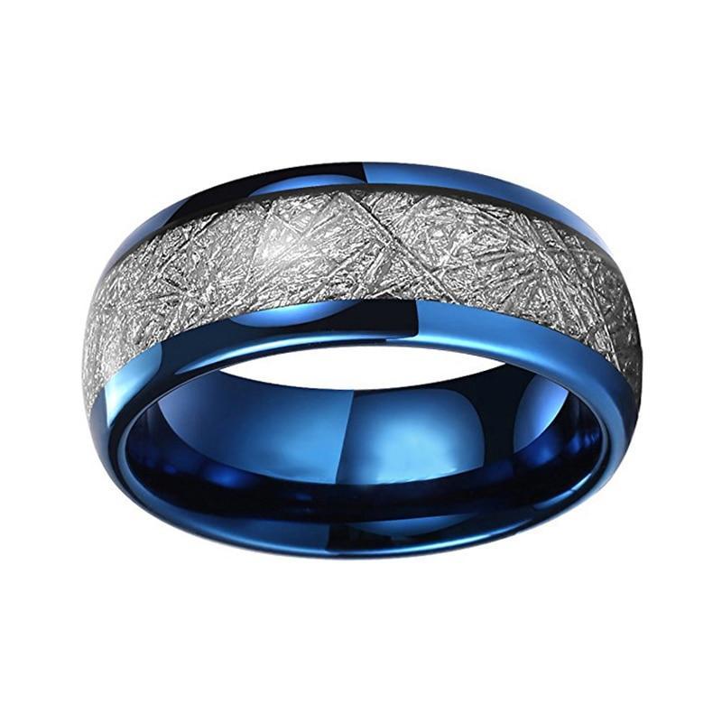 Atemberaubende Blau Plattierte Silberne Meteoriten Inlay Männer Kuppelform Eherband