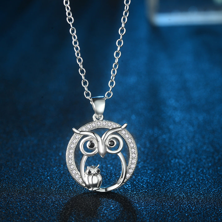 Silber Kubikzirkonia Mutter Und Baby Eulen Anhänger Halskette