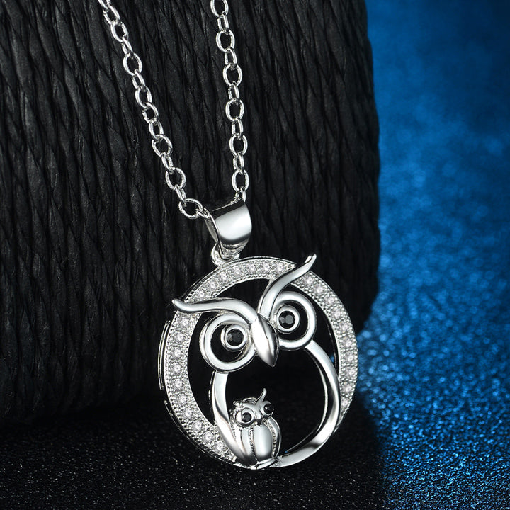 Silber Kubikzirkonia Mutter Und Baby Eulen Anhänger Halskette