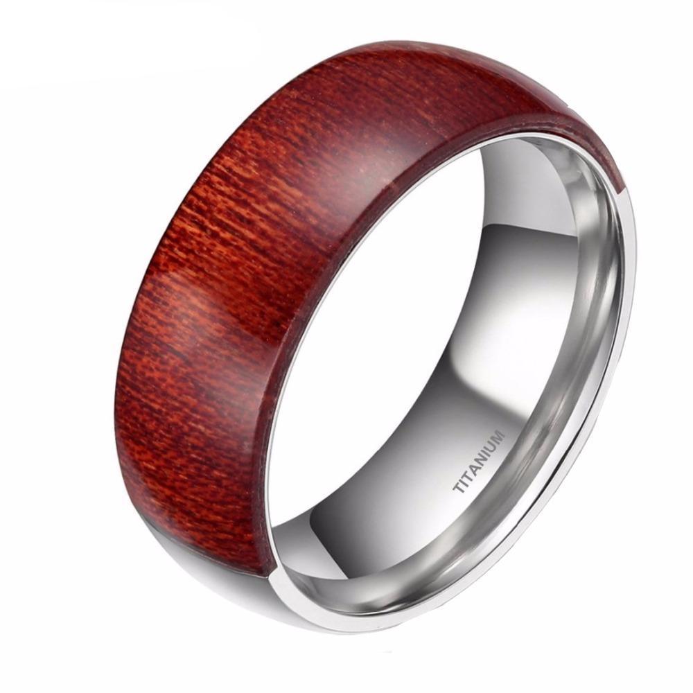 Unisex 8mm Halb Titanium Silber Farbe In Ring Für Männer Mit Braunem Holzeinlayendekoration
