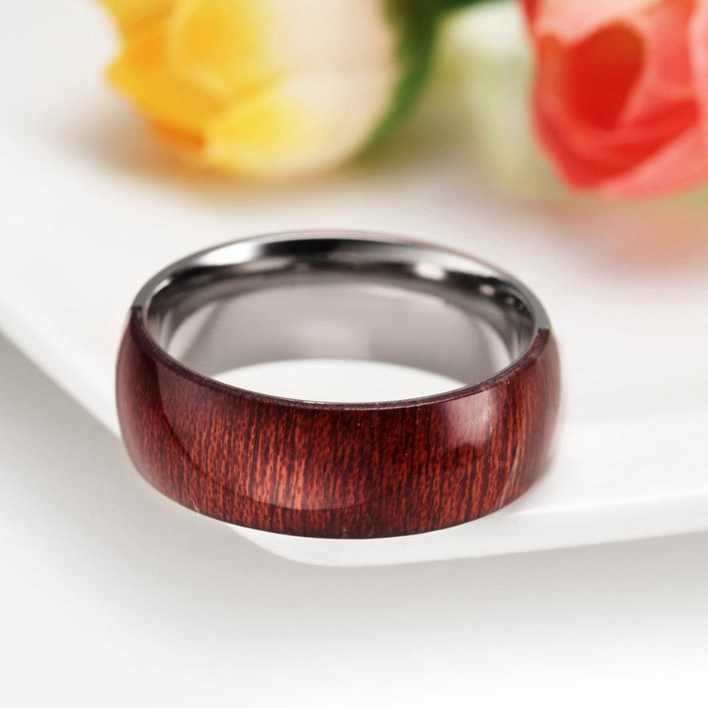 Unisex 8mm Halb Titanium Silber Farbe In Ring Für Männer Mit Braunem Holzeinlayendekoration