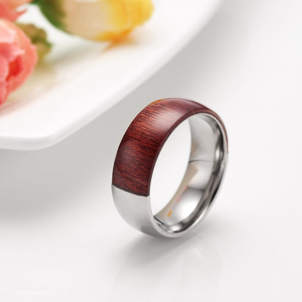 Unisex 8mm Halb Titanium Silber Farbe In Ring Für Männer Mit Braunem Holzeinlayendekoration