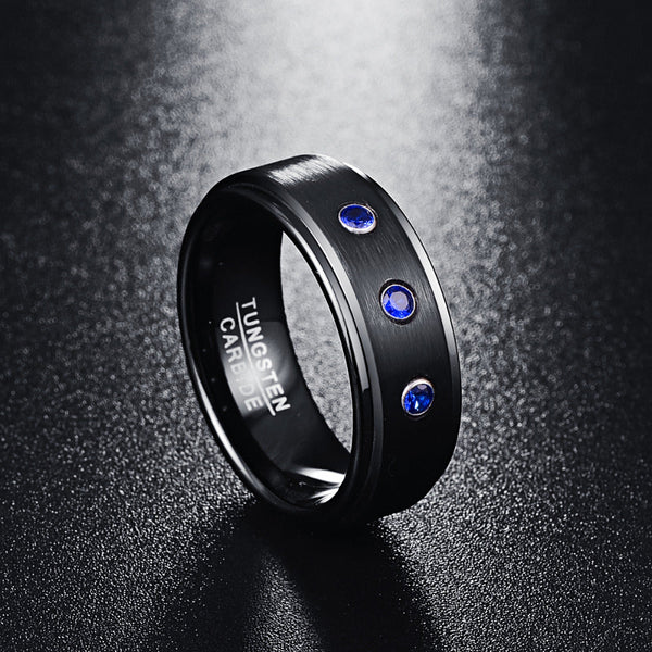 8 mm Schwarz Polierte Wolfram  Carbidring Mit Drei Cz  Steinen
