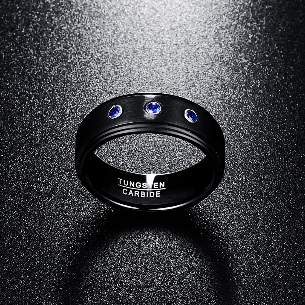 8 mm Schwarz Polierte Wolfram  Carbidring Mit Drei Cz  Steinen
