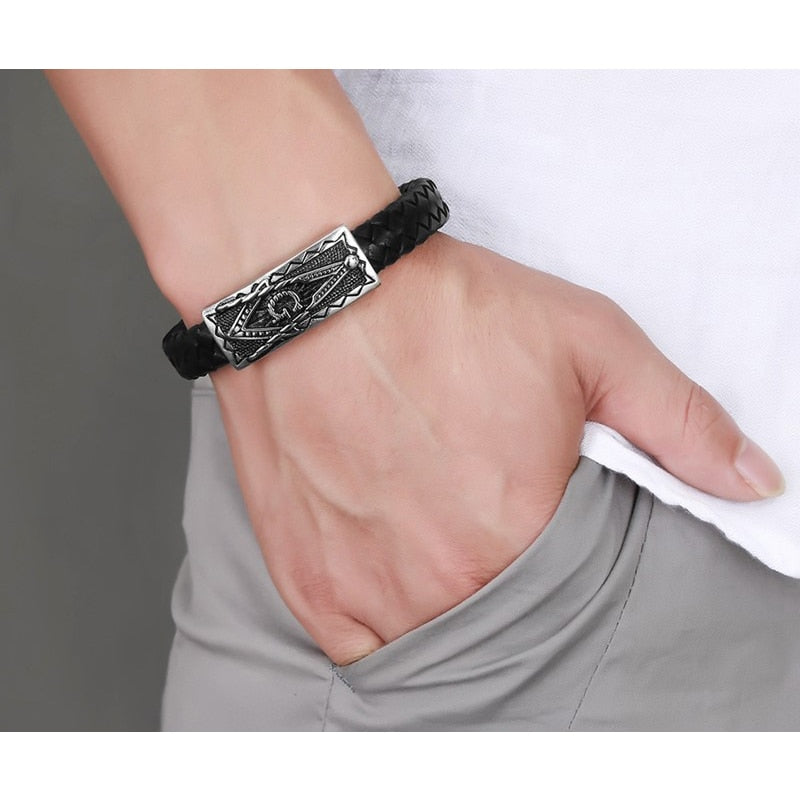 Freimaurer Edelstahl Im Echten Schwarzen Lederarmband
