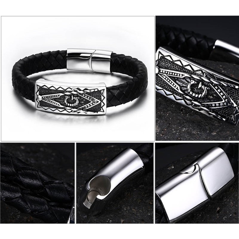 Freimaurer Edelstahl Im Echten Schwarzen Lederarmband