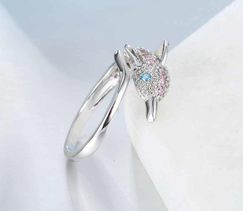 Pink Zirkondelphin  Ring Mit Australischen Blauen Kristallaugen 925 Sterling Silber