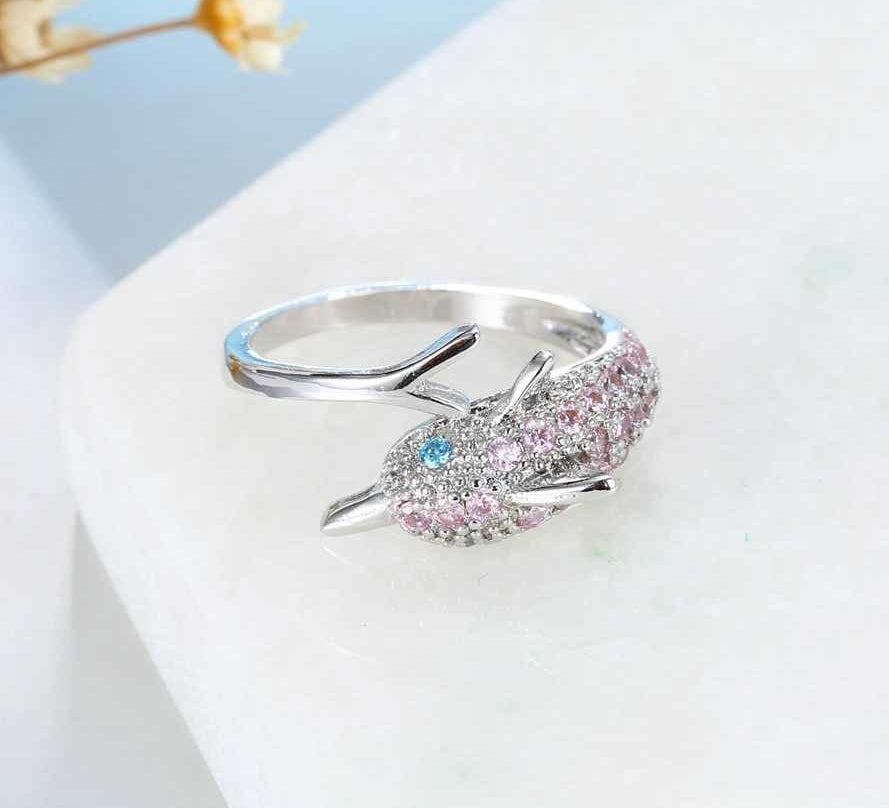Pink Zirkondelphin  Ring Mit Australischen Blauen Kristallaugen 925 Sterling Silber