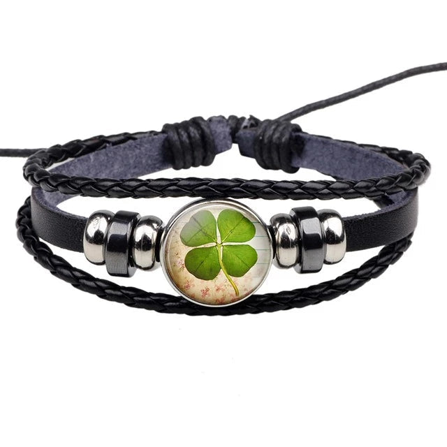 Glückliches Klee Multi  Layer  Schwarzes Lederarmband