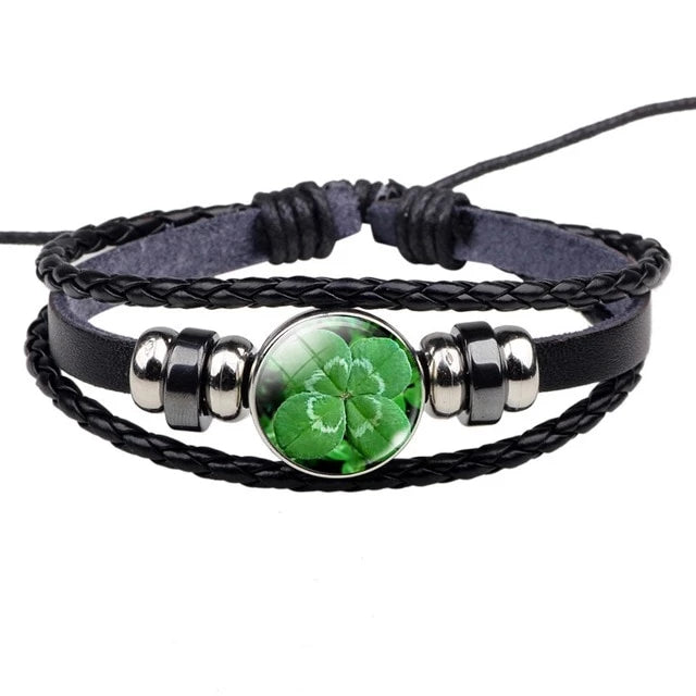 Glückliches Klee Multi  Layer  Schwarzes Lederarmband
